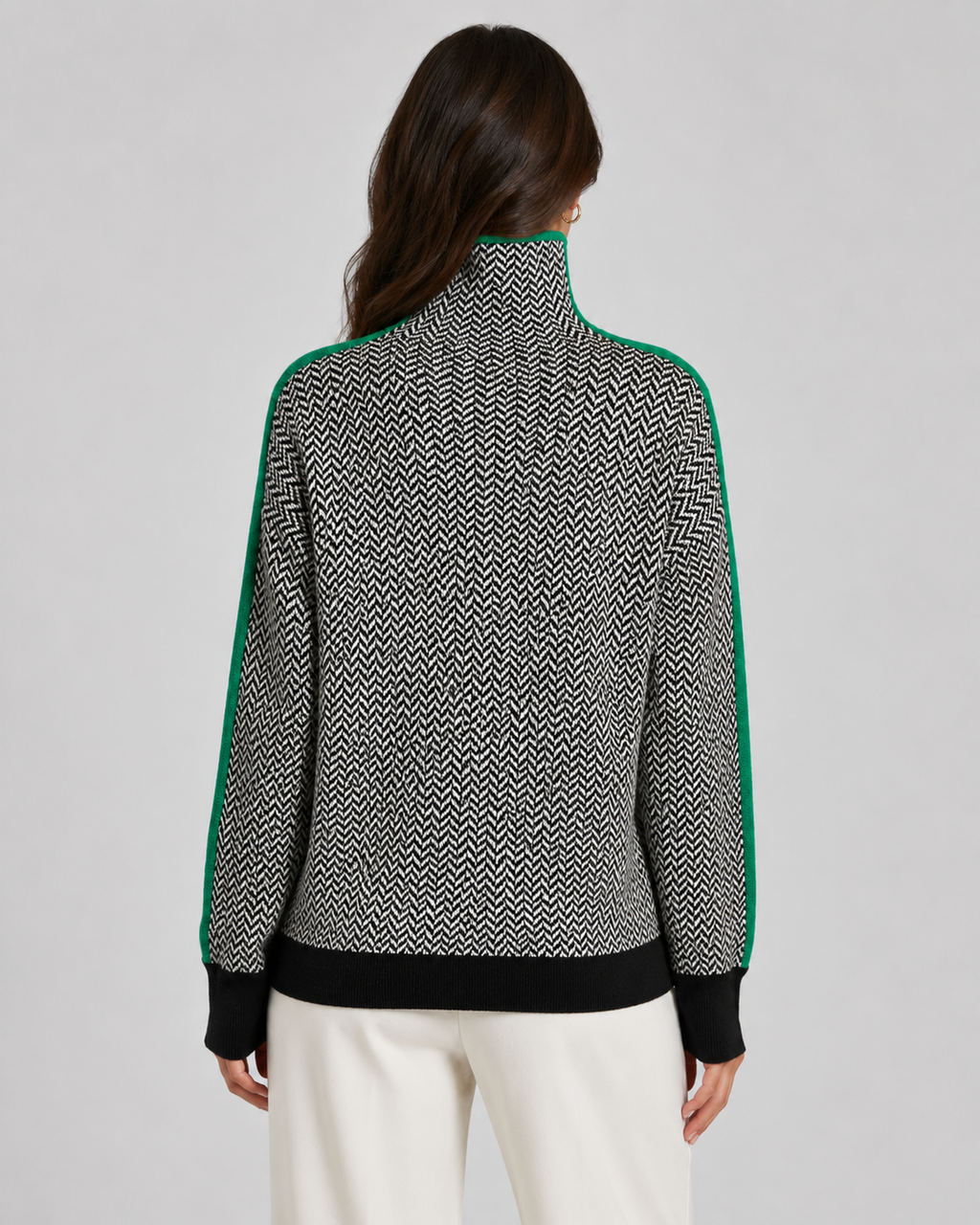 Herringbone knit turtleneck sweater with contrast sleeves, back view in green trim