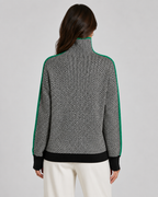 Herringbone knit turtleneck sweater with contrast sleeves, back view in green trim