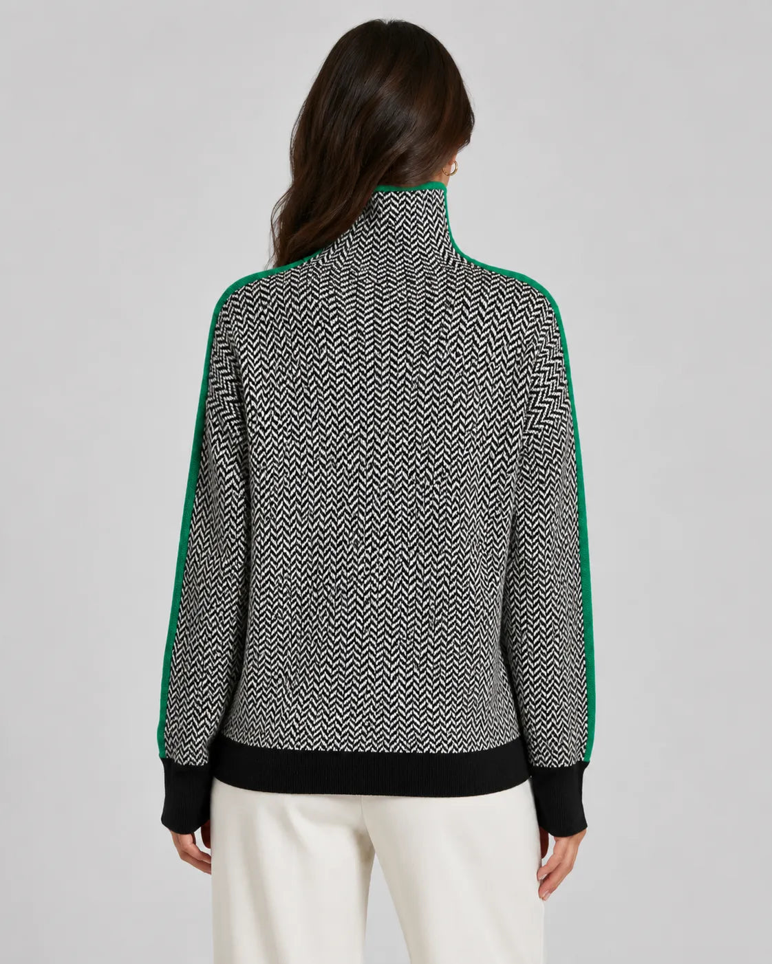 Herringbone knit turtleneck sweater with contrast sleeves, back view in green trim
