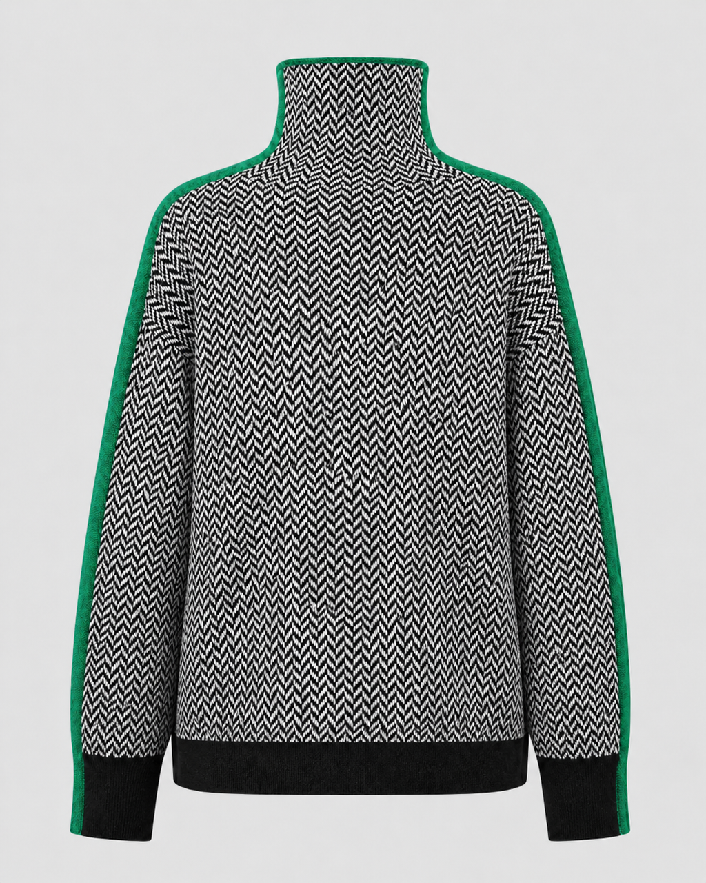 Herringbone knit turtleneck sweater with contrast sleeves, back view in green