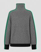 Herringbone knit turtleneck sweater with contrast sleeves, back view in green