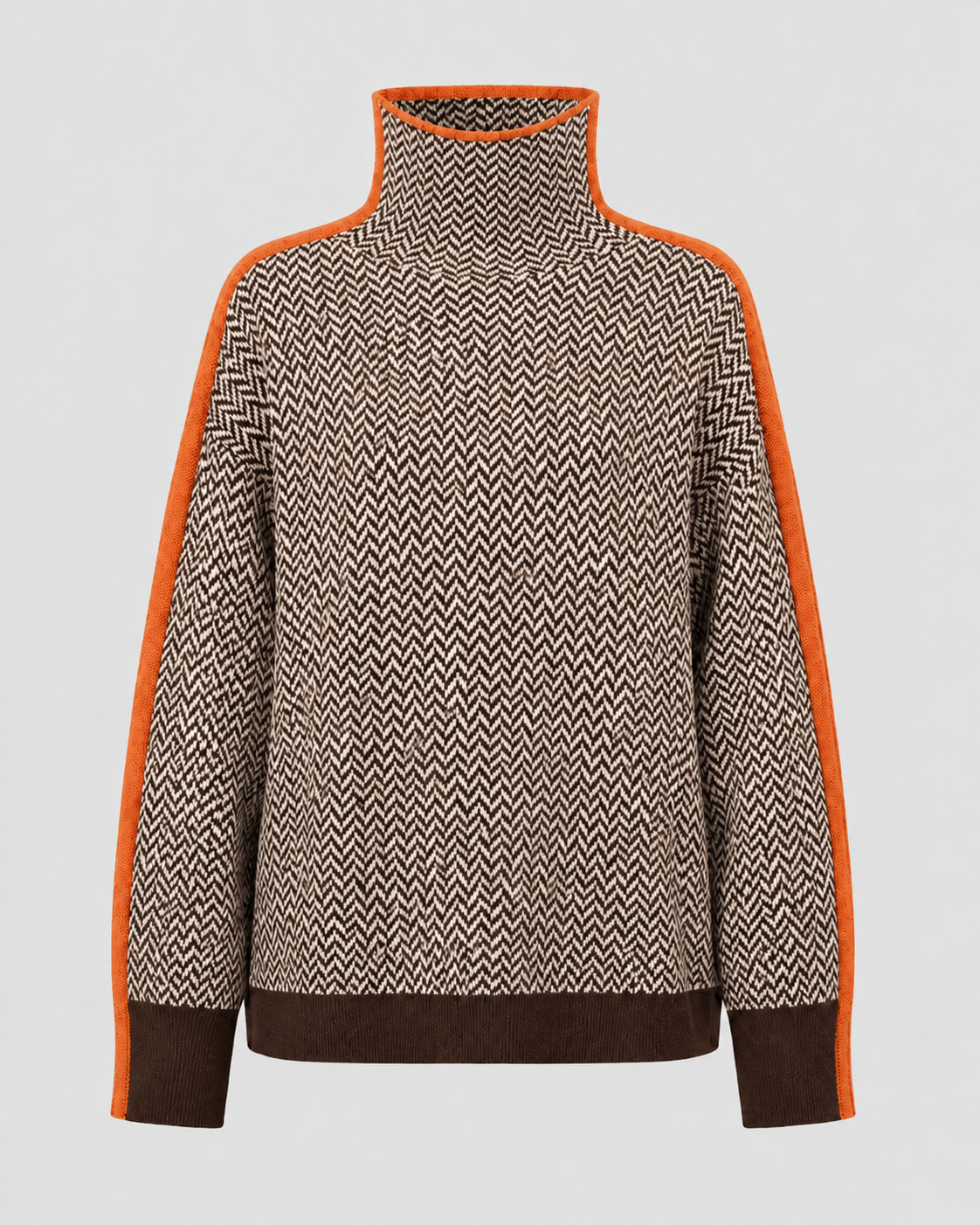 Herringbone knit turtleneck sweater with contrast sleeves, front view in orange trim