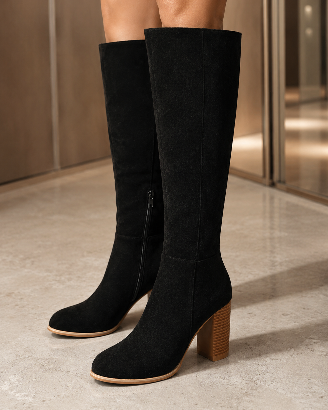 Black suede knee-high block heel boots with side zip and low block heel