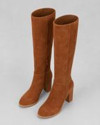 Brown suede knee-high block heel boots with side zipper and chunky heel