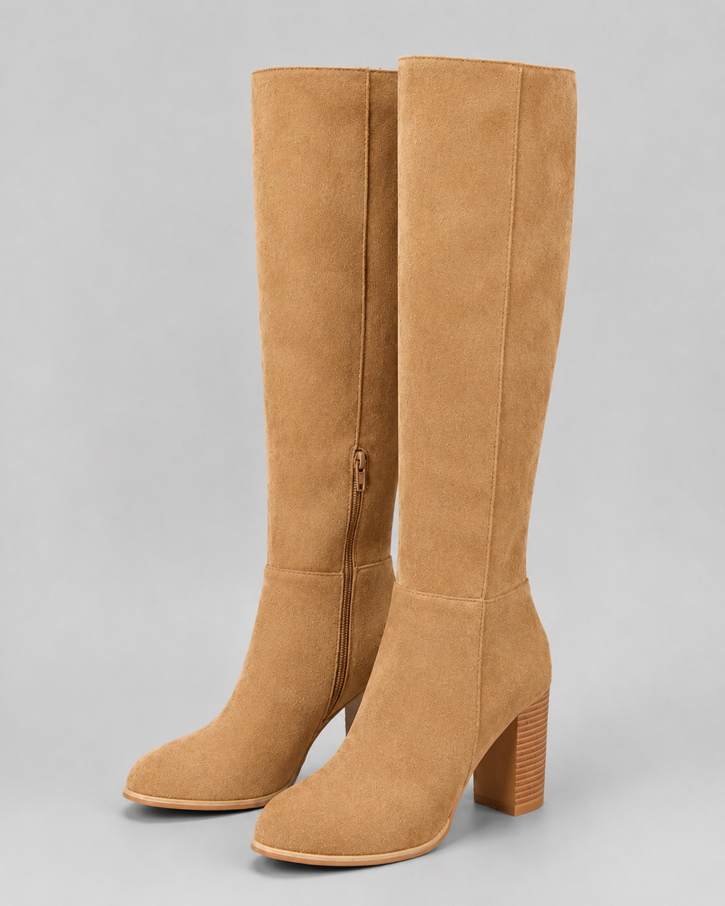 Khaki suede knee-high block heel boots with side zipper and stacked block heel