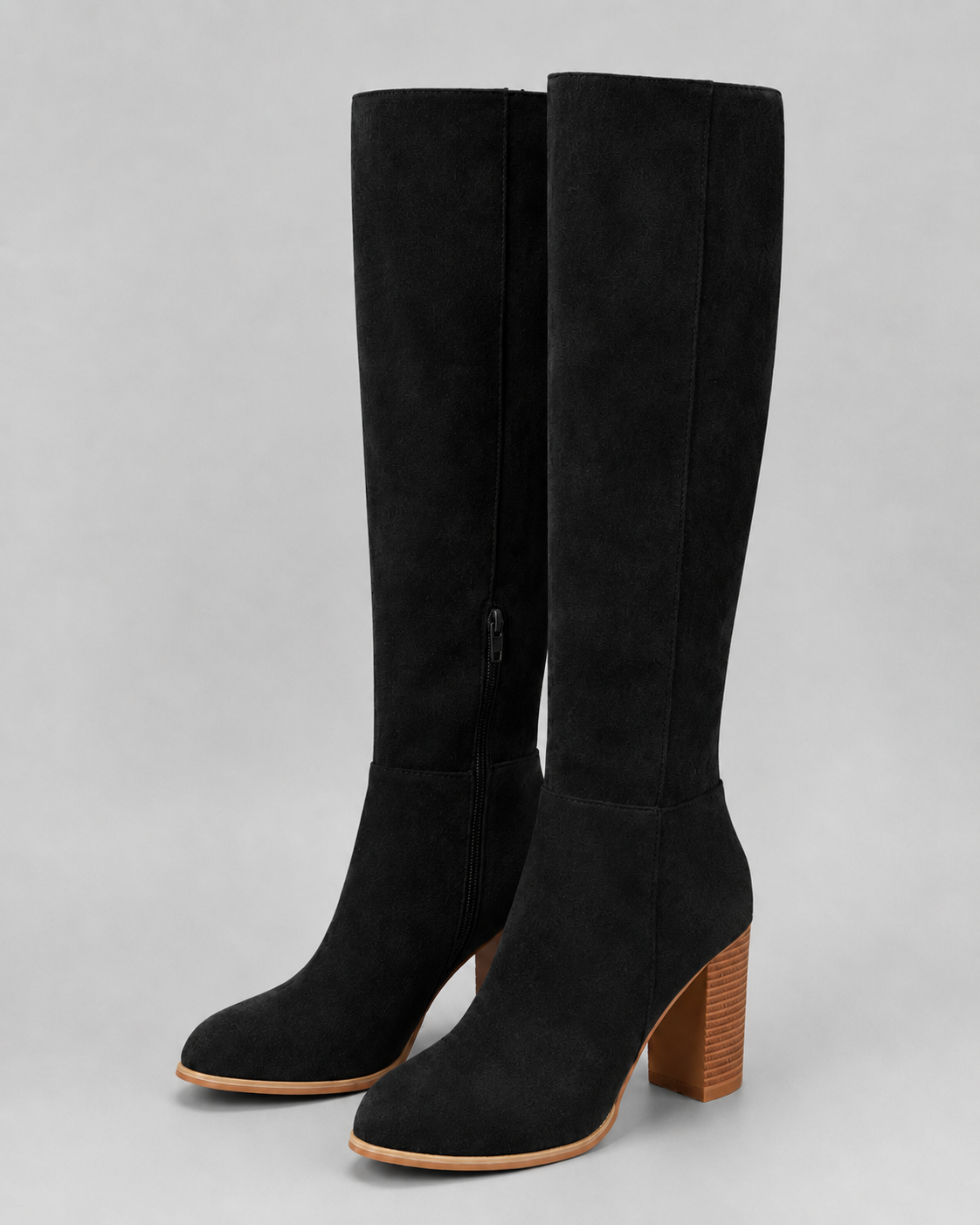 Black suede knee-high block heel boots with side zipper and stacked heel