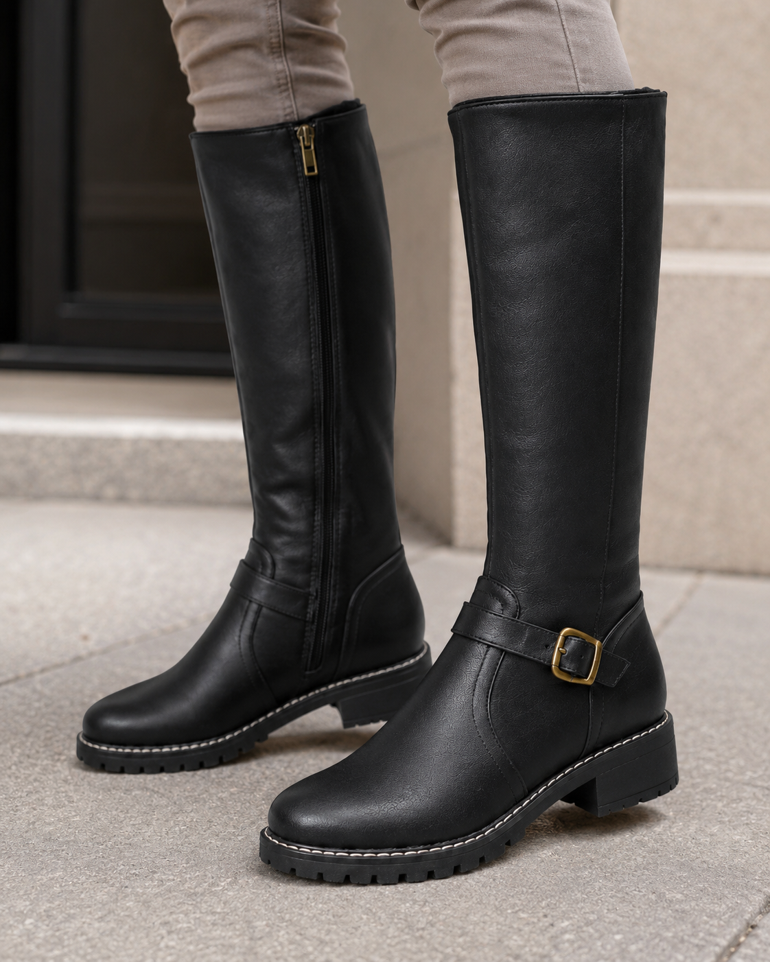 Black knee-high buckle boots with side zip and lug sole, worn with light pants.