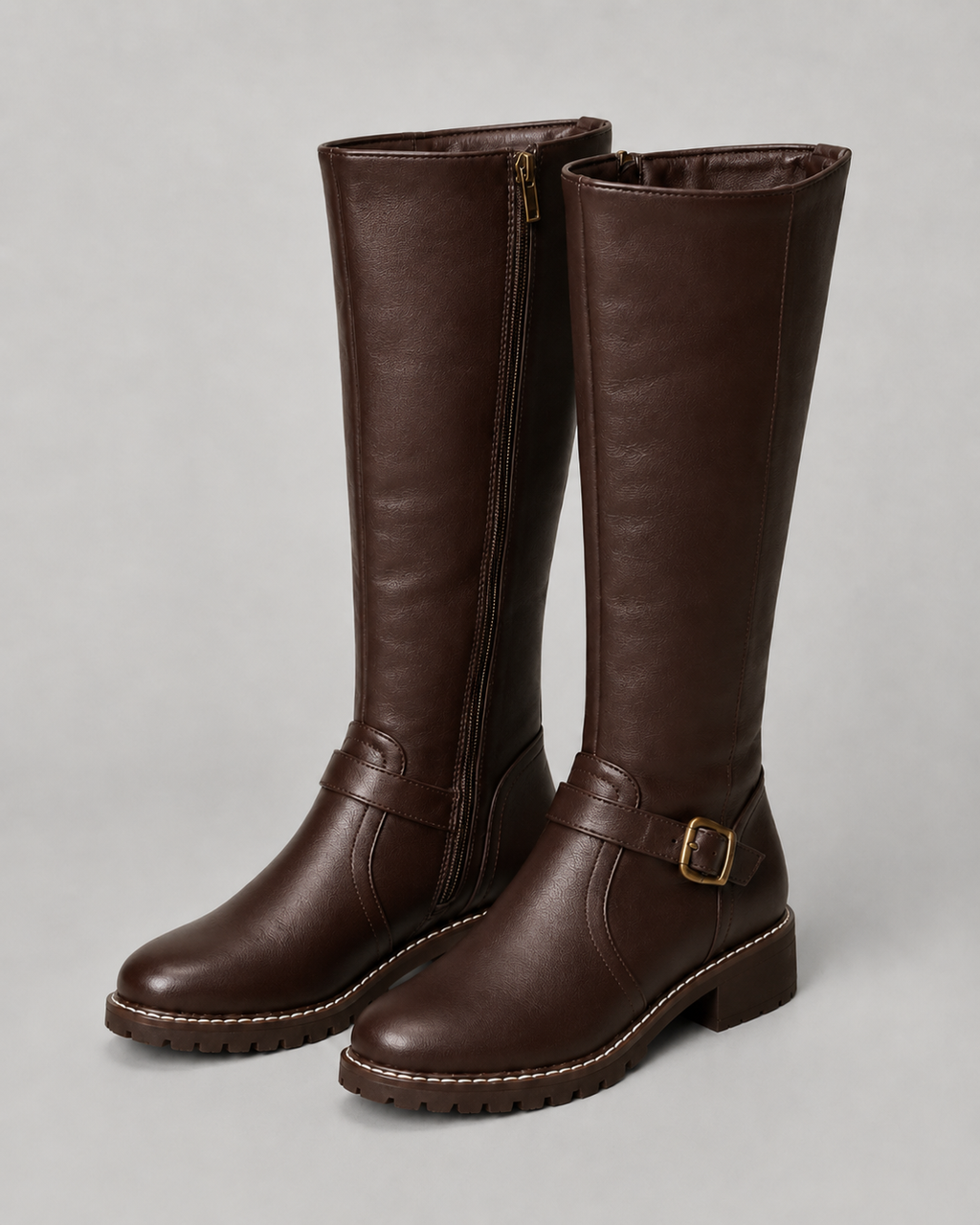 Brown knee-high buckle boots with side zip and lug sole, angled pair view.