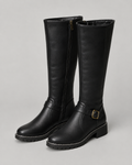 Black knee-high buckle boots with side zip and lug sole, front pair view.