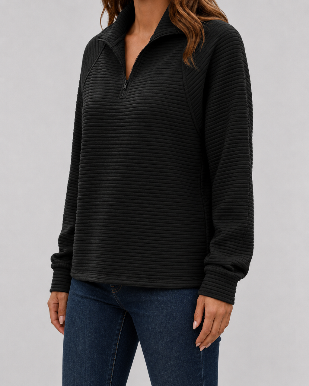 Black ribbed quarter-zip long sleeve pullover with zip front and stand collar