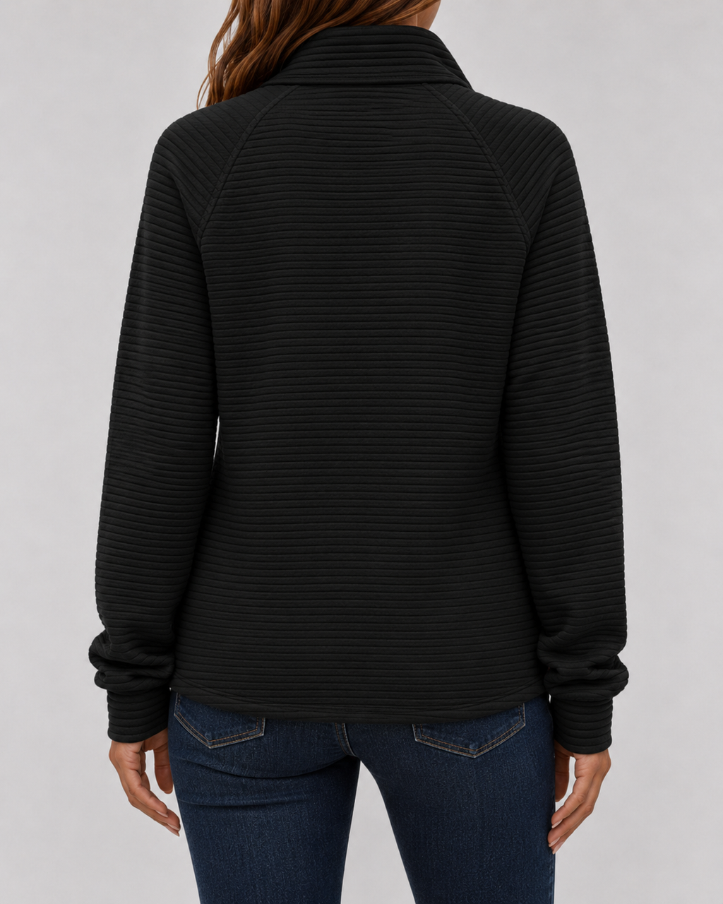 Black ribbed quarter-zip long sleeve pullover back view with full sleeve