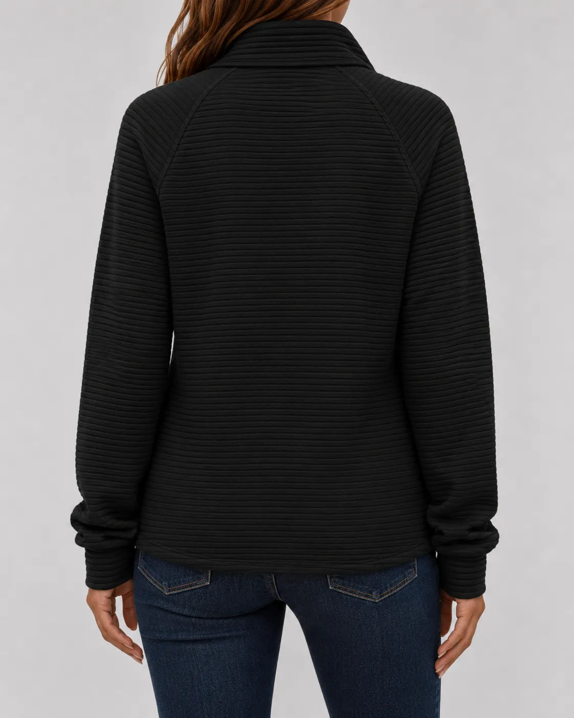 Black ribbed quarter-zip long sleeve pullover back view with full sleeve