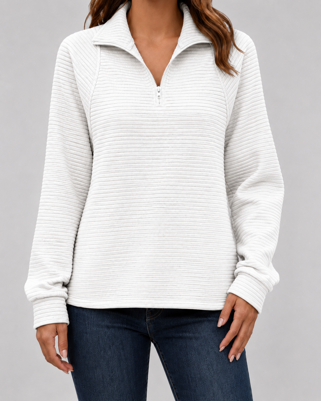 White ribbed quarter-zip long sleeve pullover with zip front and stand collar