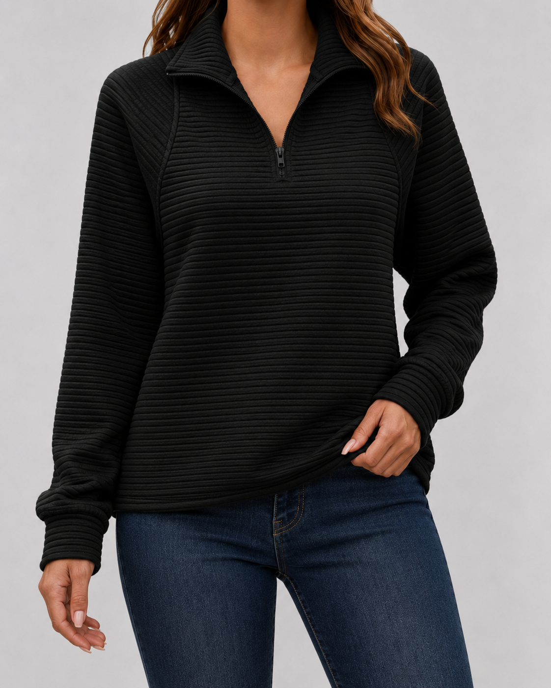 Black ribbed quarter-zip long sleeve pullover with half-zip front and long cuffs