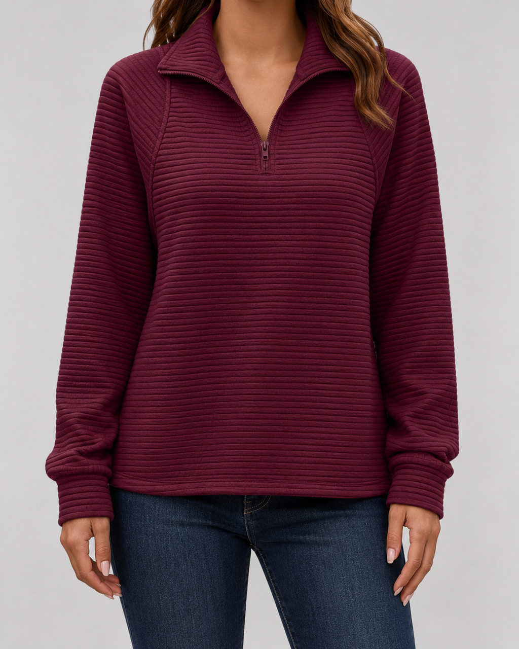Burgundy ribbed quarter-zip long sleeve pullover with zip front and stand collar