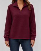 Burgundy ribbed quarter-zip long sleeve pullover with zip front and stand collar