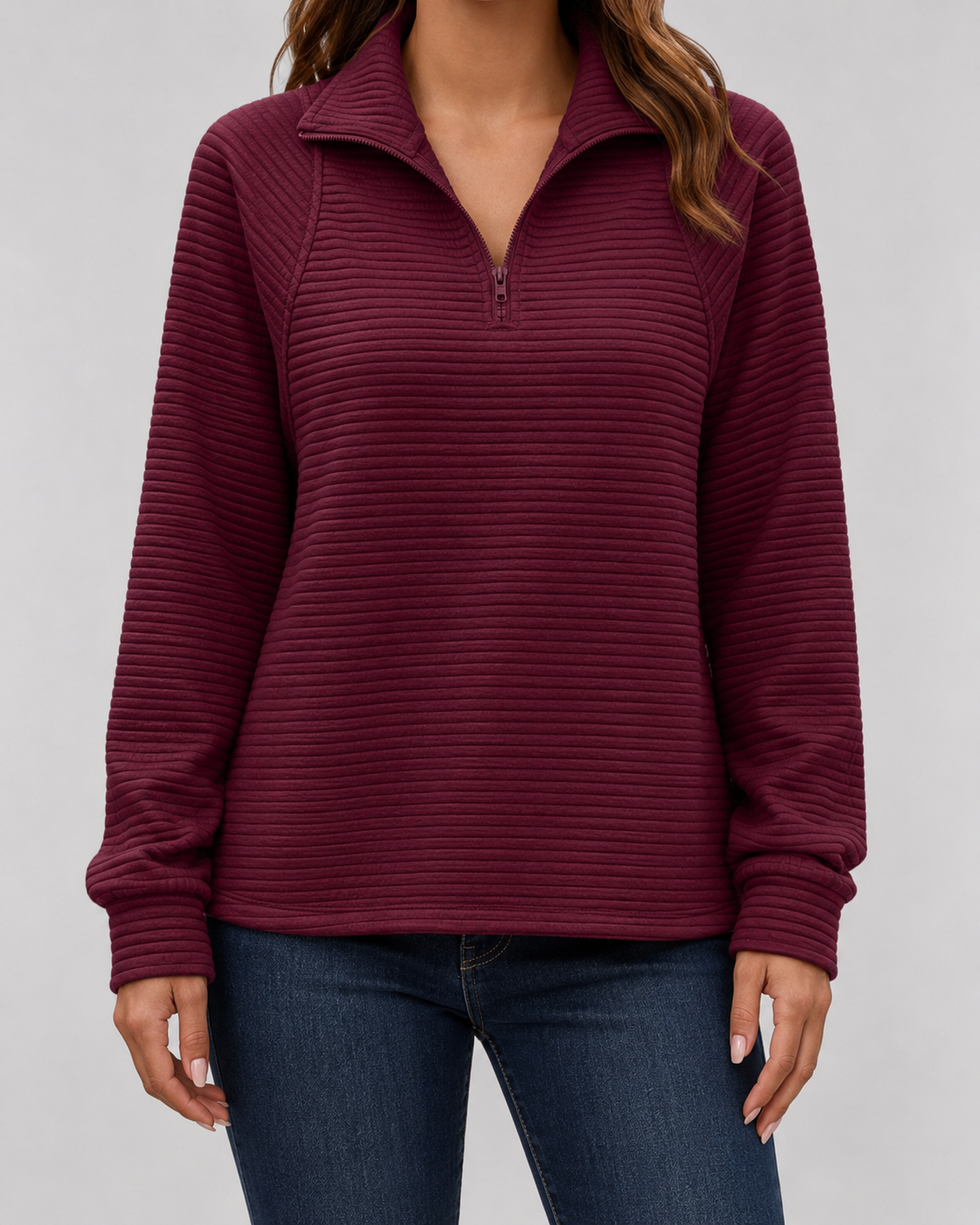 Burgundy ribbed quarter-zip long sleeve pullover with zip front and stand collar