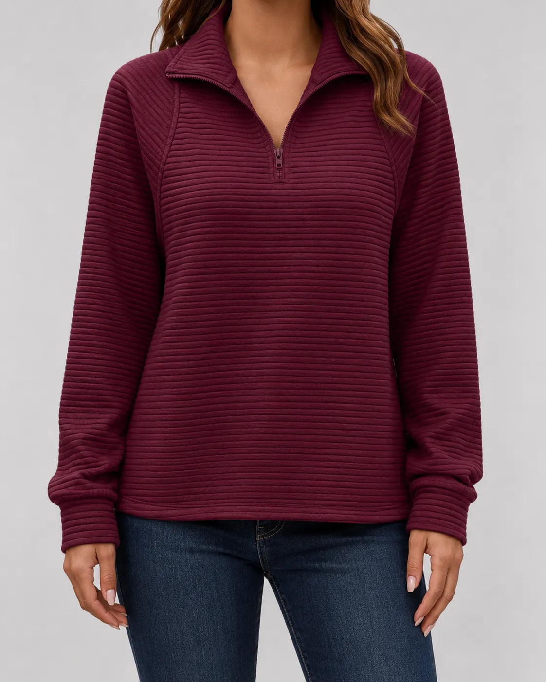 Burgundy ribbed quarter-zip long sleeve pullover with zip front and stand collar