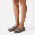 Women’s slip-on loafers, taupe suede, metal horsebit accents, flat everyday flats