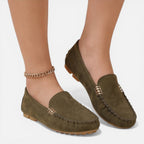 Women’s slip-on loafers, olive suede, chain strap and metal buckle, low flat shoes