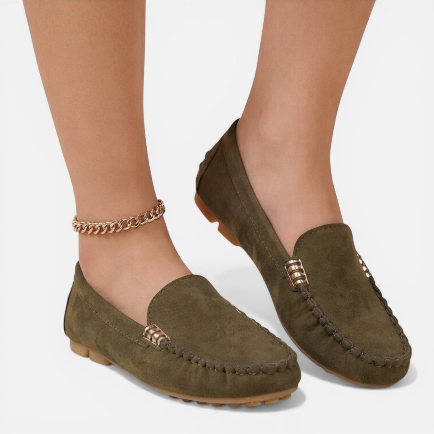 Women’s slip-on loafers, olive suede, chain strap and metal buckle, low flat shoes