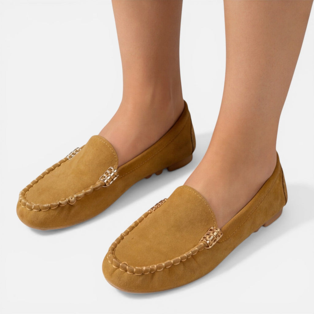 Women’s slip-on loafers, tan suede, metal horsebit detail, cushioned flat shoes