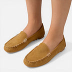 Women’s slip-on loafers, tan suede, metal horsebit detail, cushioned flat shoes