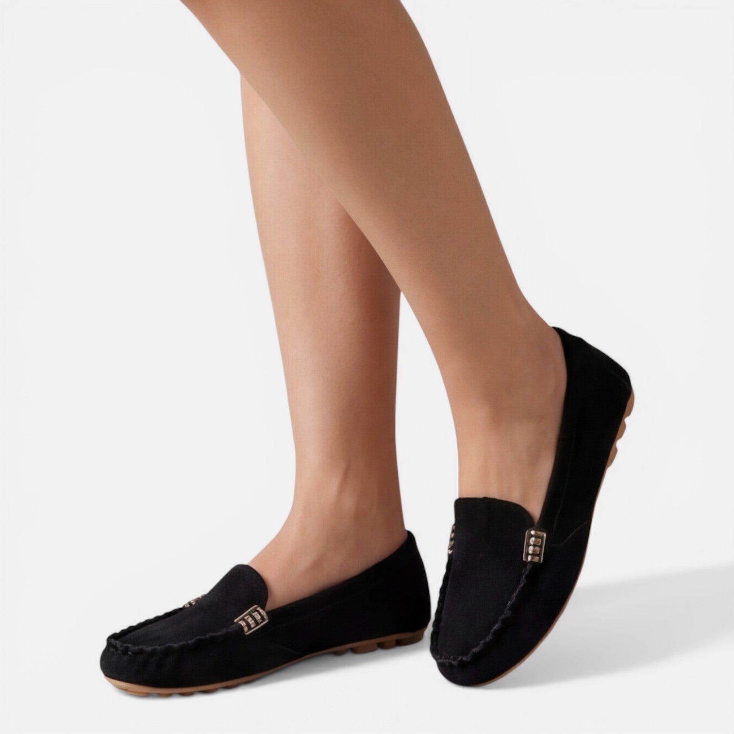 Women’s slip-on loafers, black suede, metal buckle detail, flat casual flats
