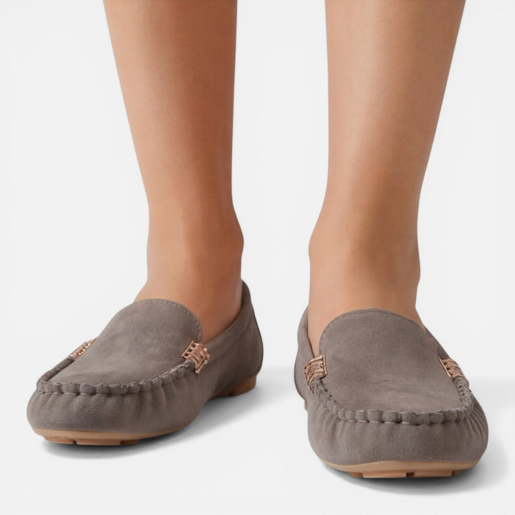 Women’s slip-on loafers, gray suede, metal horsebit detail, flat comfort shoes