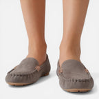 Women’s slip-on loafers, gray suede, metal horsebit detail, flat comfort shoes