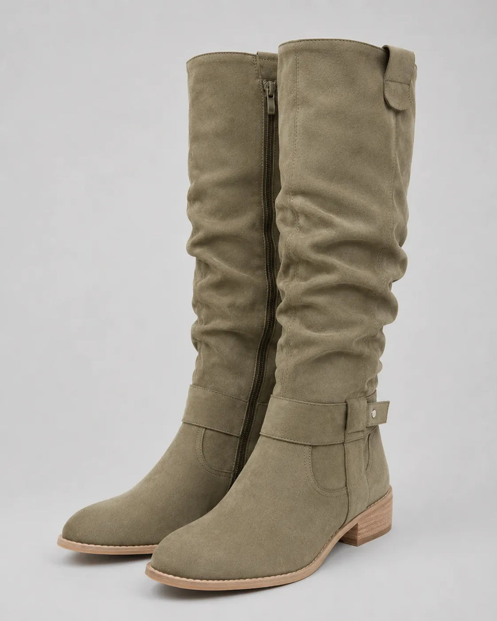Olive green suede knee-high boots with side zipper and low block heel