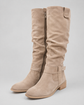 Beige suede knee-high boots with low heel and side zip closure