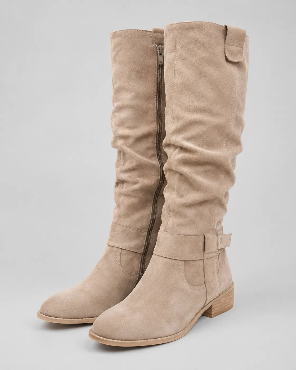 Beige suede knee-high boots with side zipper and low block heel