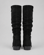 Black suede knee-high boots, low block heel, rear view with pull tabs