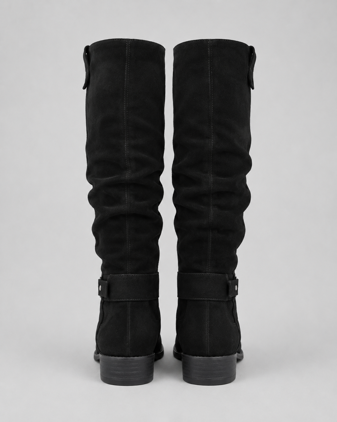 Black suede knee-high boots, low block heel, rear view with pull tabs
