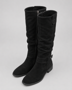 Black suede knee-high boots with side zip, low heel, and ankle strap detail
