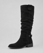 Black suede knee-high boots with low heel and side zip, flat front view
