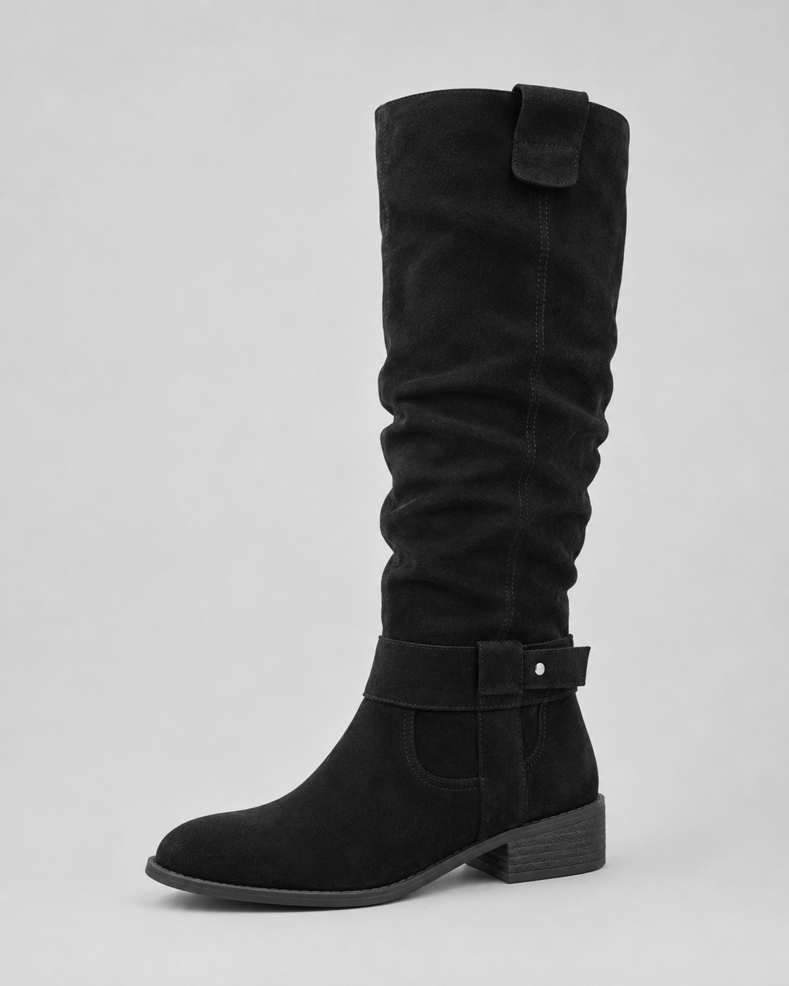 Black suede knee-high boots with low heel and side zip, flat front view