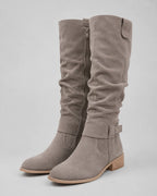 Taupe suede knee-high boots with side zipper and low block heel