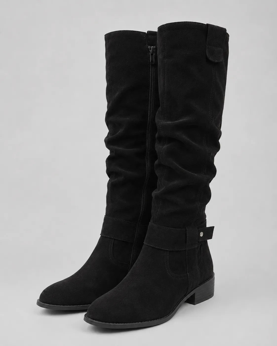 Black suede knee-high boots with side zipper, low block heel, full view