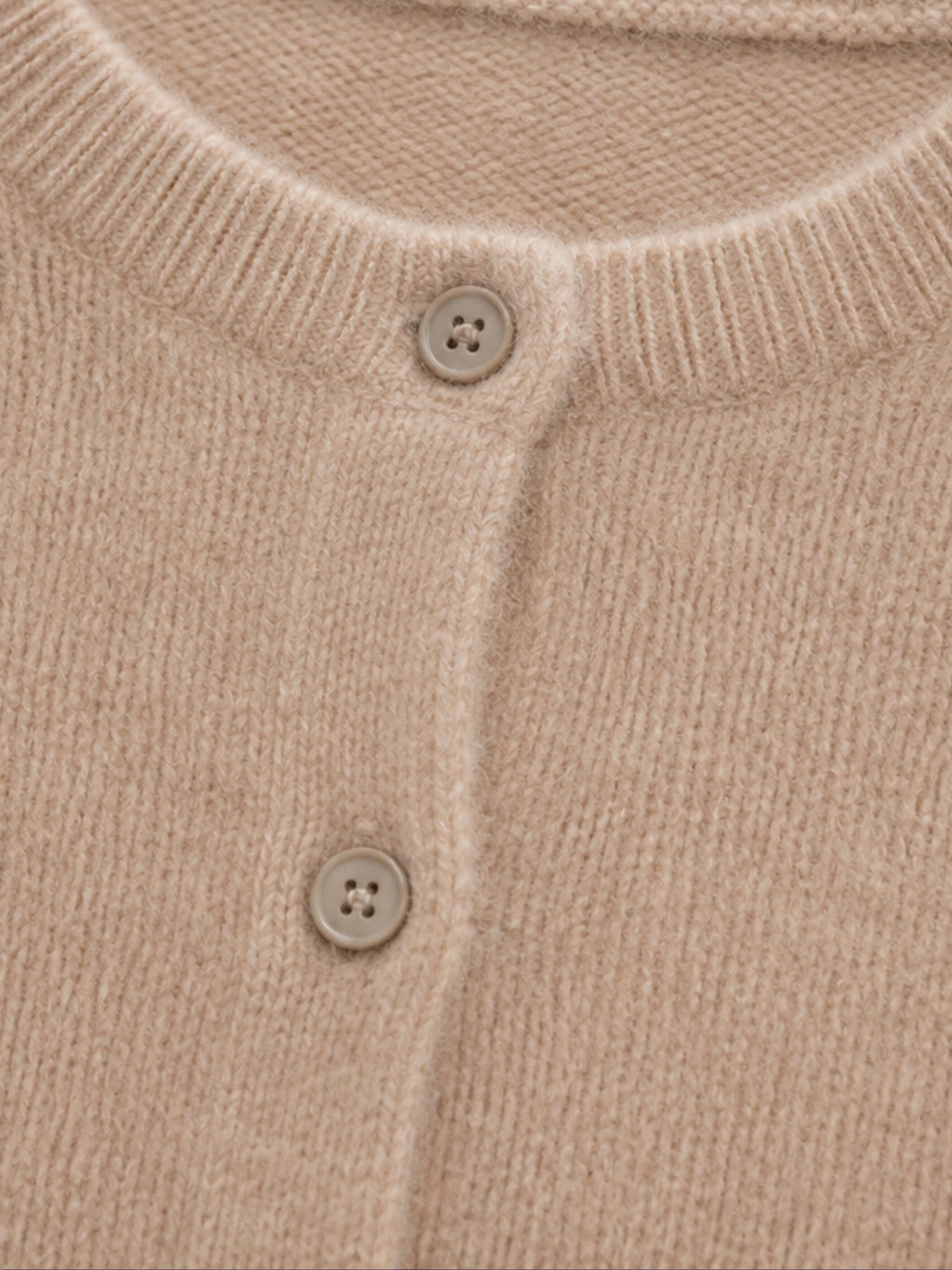 Women's wool knit cardigan, beige, crew neckline and button placket detail
