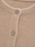 Women's wool knit cardigan, beige, crew neckline and button placket detail