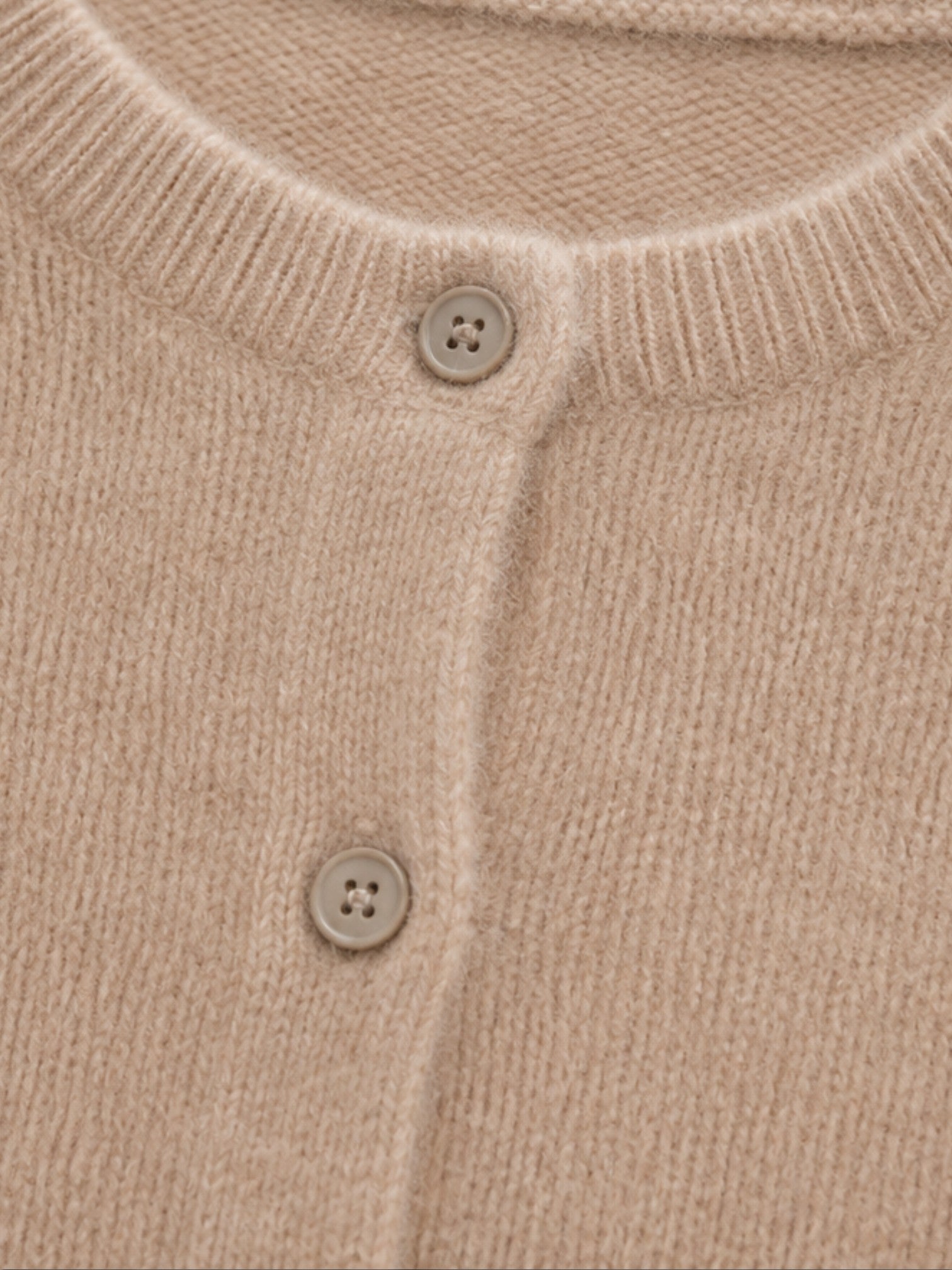 Women's wool knit cardigan, beige, crew neckline and button placket detail