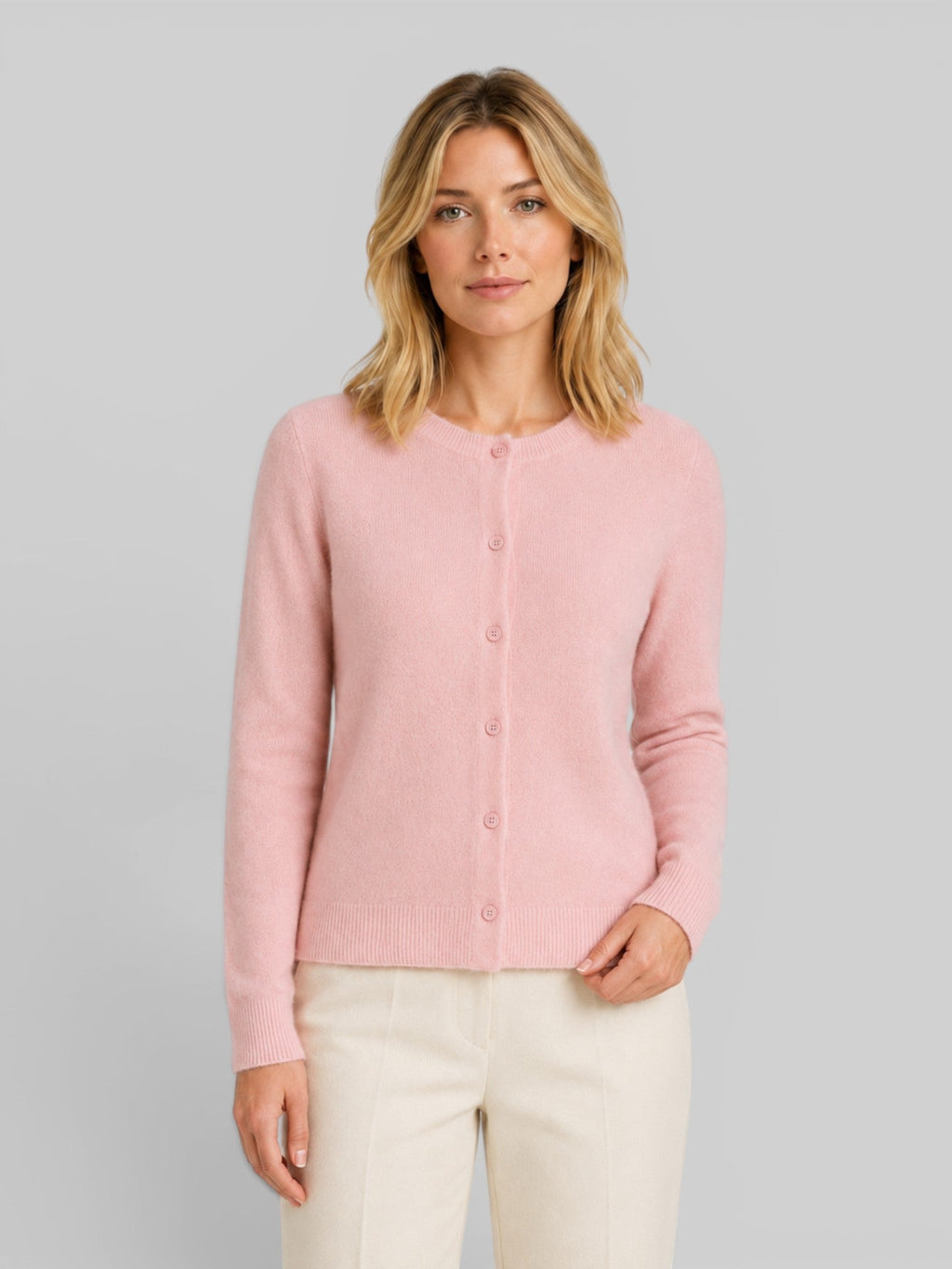 Women's wool knit cardigan, pink, button-front long sleeves, relaxed fit