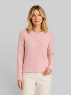 Women's wool knit cardigan, pink, button-front long sleeves, relaxed fit