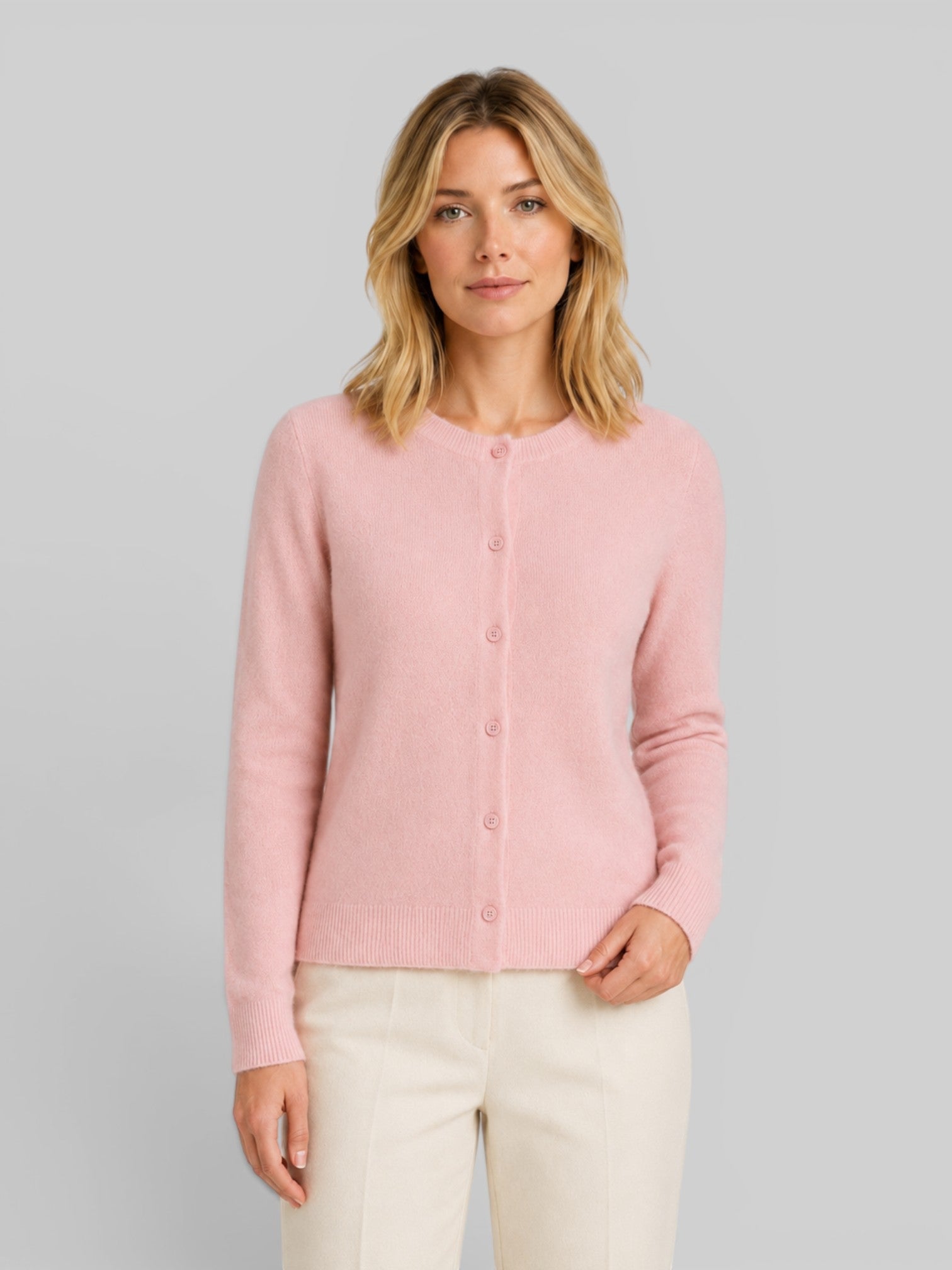 Women's wool knit cardigan, pink, button-front long sleeves, relaxed fit