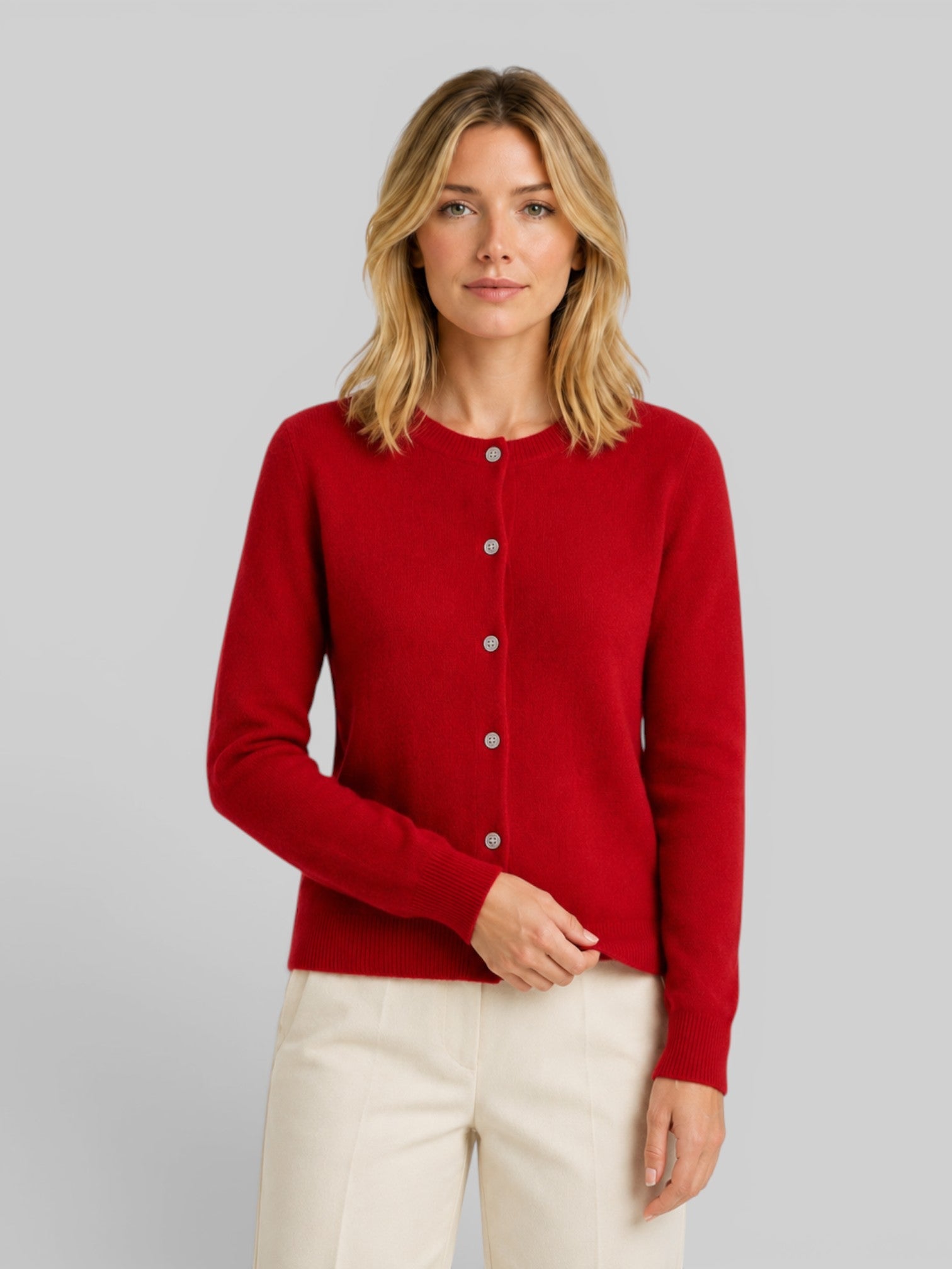 Women's wool knit cardigan, red, button-front long sleeves, relaxed fit