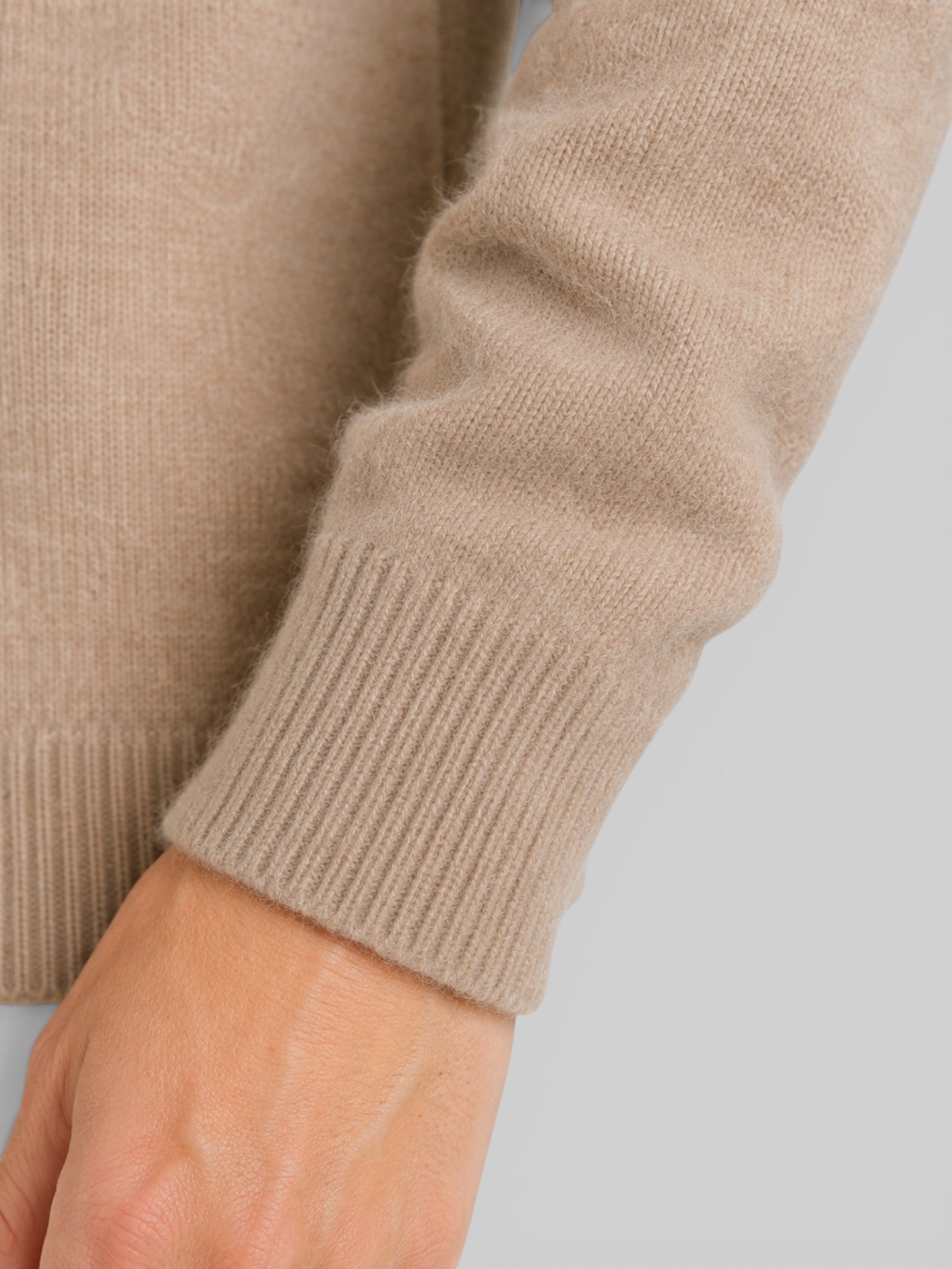 Women's wool knit cardigan, beige, ribbed cuff on long sleeve