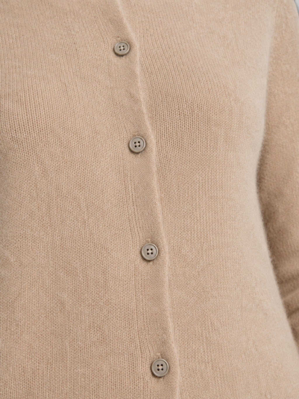 Women's wool knit cardigan, beige, button-front detail with four round buttons