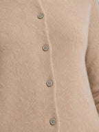 Women's wool knit cardigan, beige, button-front detail with four round buttons